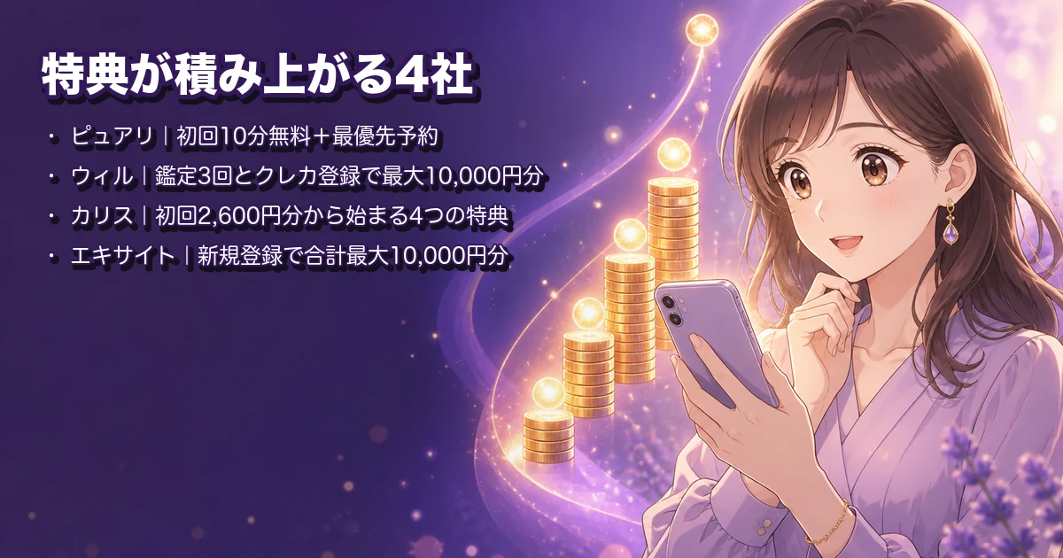 特典が段階的に積み上がる電話占い4社｜合計最大10,000円分の内訳